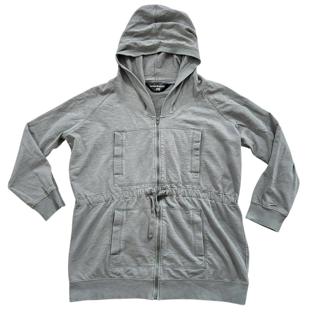 Norma Kamali Four-Pocket Slub Knit Hoodie Gray XXL Full Zip Cinched Waist